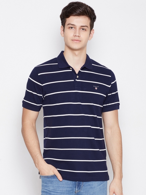 

GANT Men Navy Blue & White Striped Polo Collar T-shirt