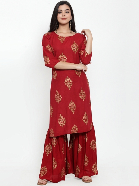 

ANAISA Women Maroon Printed Kurta with Sharara