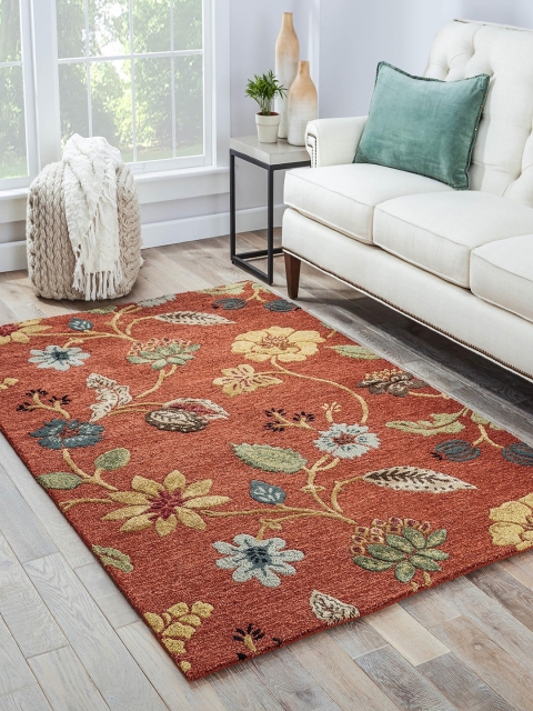 

Jaipur Rugs Rust Brown & Green Floral Printed Hand-Tufted Anti-Skid Carpet