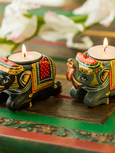 

ExclusiveLane Set Of 2 Green Hand-Painted Elephant Table Wooden Tea-Light Candle Holders