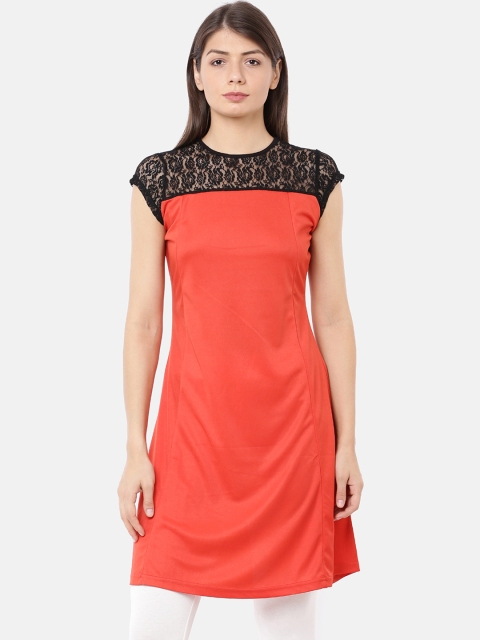 

Ira Soleil Women Red & Black Solid A-Line Kurta With Lace Inserts