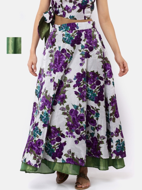 

Ira Soleil Women White & Purple Floral Printed Reversible Flared Maxi Skirt