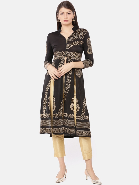 

Ira Soleil Women Black & Gold-Coloured Printed Tailored Ethnic Long Jacket