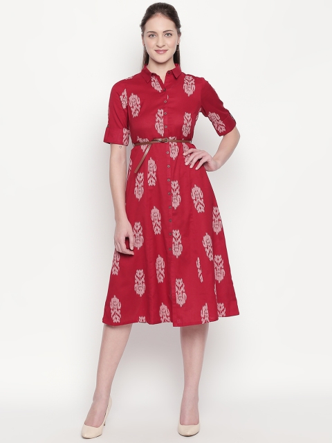

AKKRITI BY PANTALOONS Women Red & Grey Printed Fit and Flare Dress