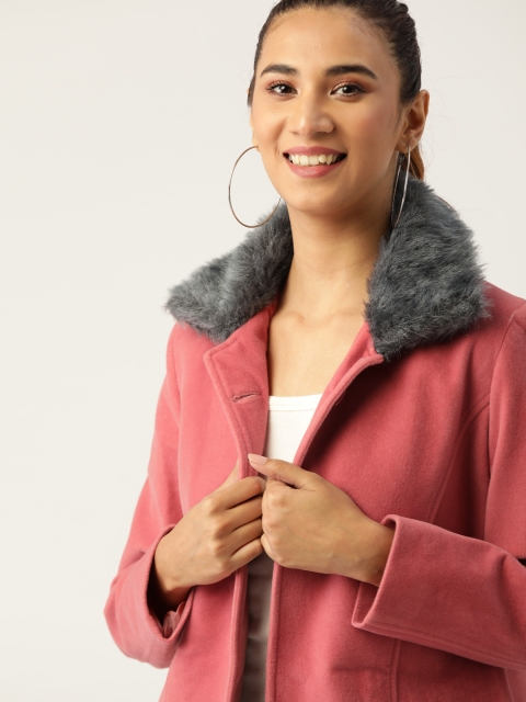 

DressBerry Women Pink Solid Single-Breasted Faux Fur Trim Coat