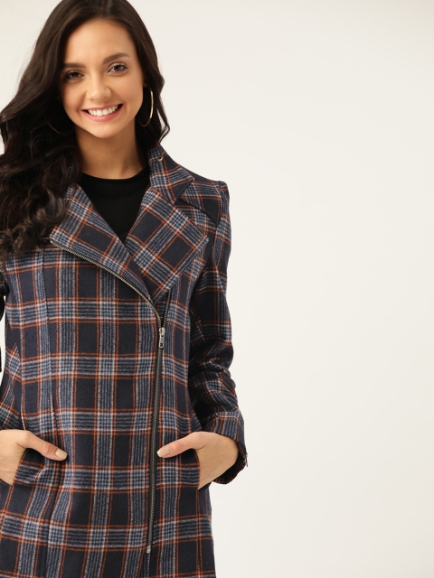 

DressBerry Women Navy Blue & Rust Orange Checked Overcoat