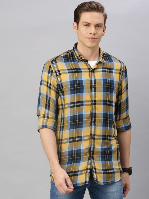 

Mast & Harbour Men Mustard Yellow & Teal Blue Regular Fit Checked Casual Shirt