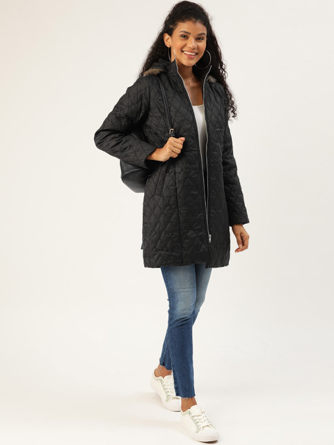

DressBerry Women Black Quilted Hooded Longline Parka Jacket