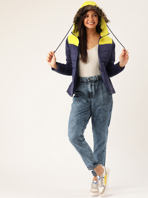

DressBerry Women Navy Blue & Yellow Colourblocked Hooded Parka Jacket