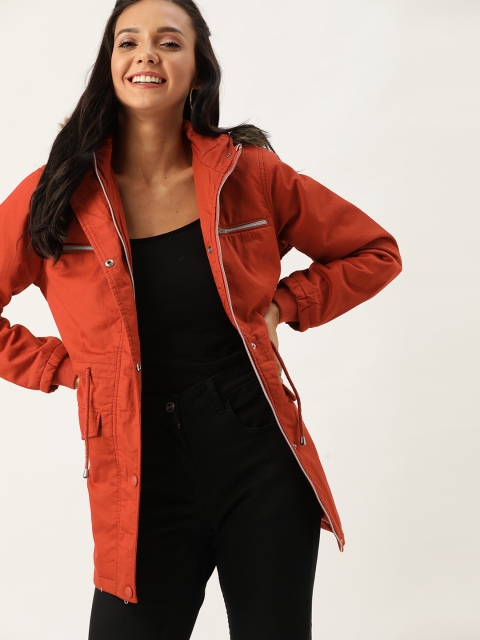 

DressBerry Women Rust Orange Solid Hooded Parka Jacket