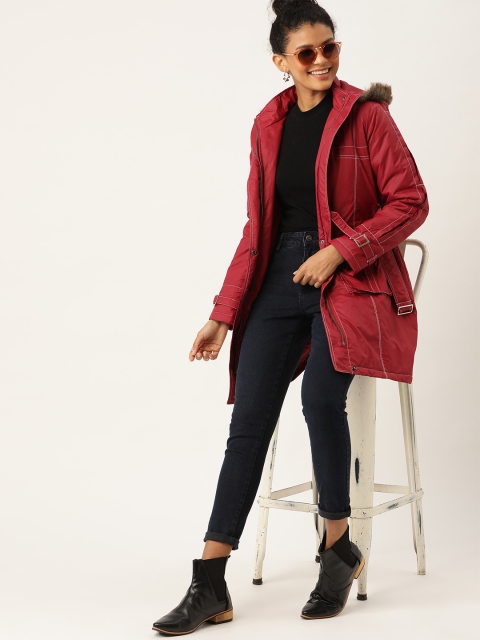 

DressBerry Women Maroon Solid Parka with Detachable Hood
