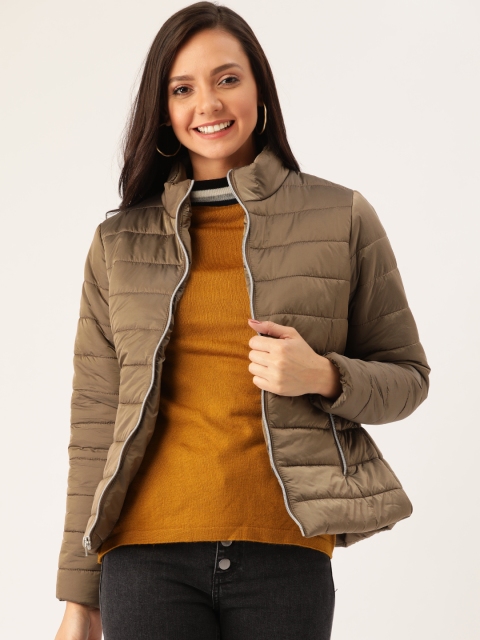 

DressBerry Women Olive Brown Sheen Effect Solid Padded Jacket