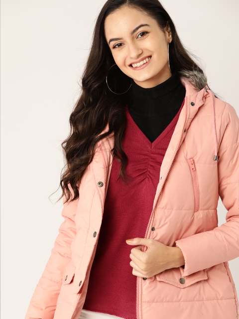 

DressBerry Women Peach-Coloured Solid Hooded Parka Jacket