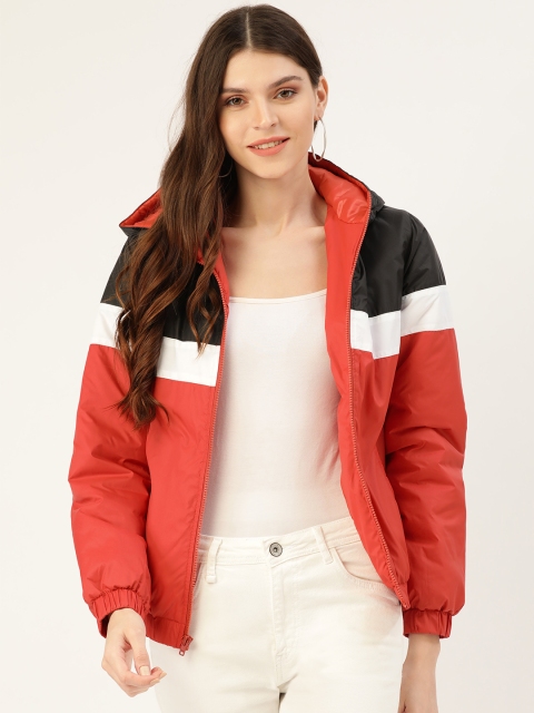 

DressBerry Women Rust Red & Black Colourblocked Hooded Bomber Jacket