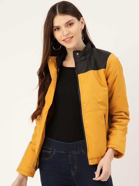 

DressBerry Women Mustard Yellow & Black Colourblocked Padded Jacket