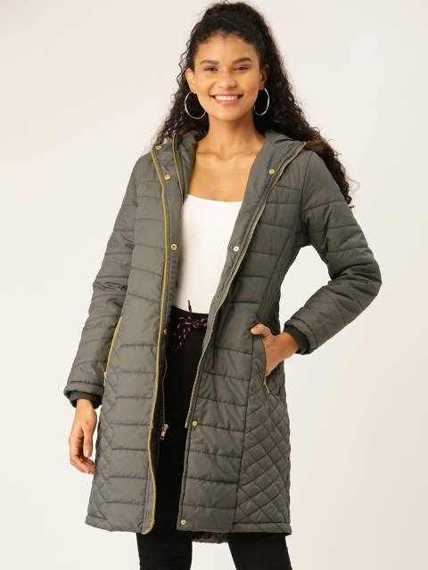Women Olive Green Quilted Longline Hooded Parka