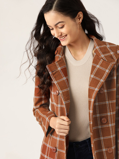 

DressBerry Women Brown & Off White Checked Hip Length Overcoat