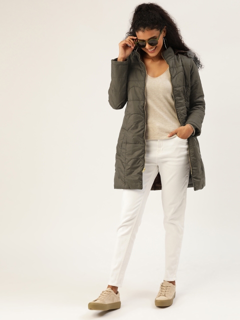 

DressBerry Women Olive Green Solid Longline Parka Jacket with Detachable Hood