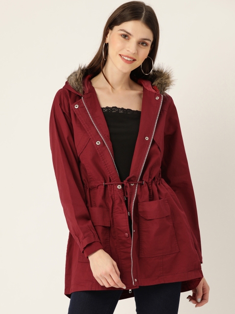 Women Maroon Solid Hooded Parka Jacket