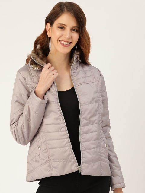 

DressBerry Women Grey Solid Faux Fur Quilted Padded Jacket