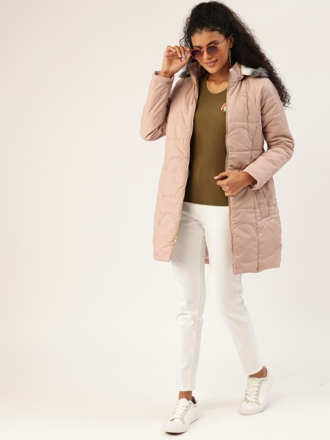 Women Pink Solid Longline Parka Jacket with Detachable Hood