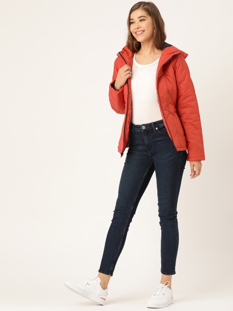 Women Rust Orange Solid Hooded Padded Jacket
