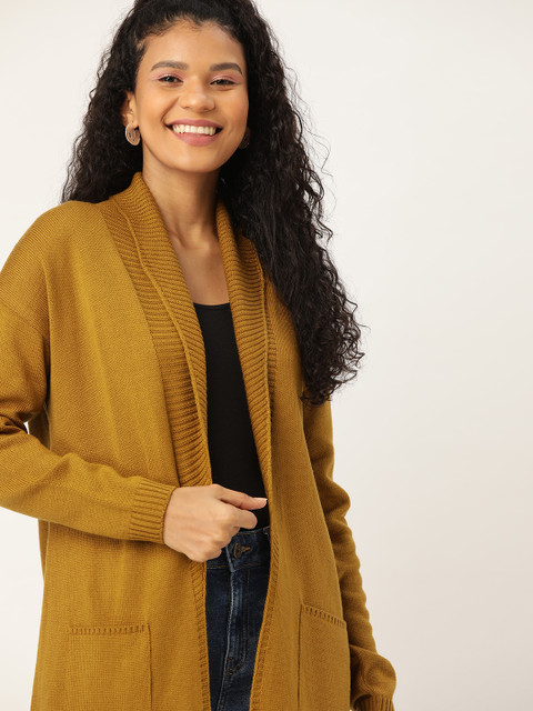 

DressBerry Women Mustard Brown Solid Open Front Winter Shrug, Olive