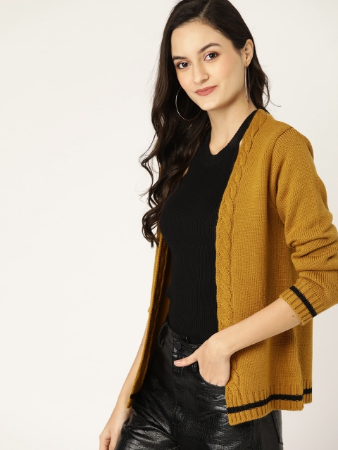 

DressBerry Women Mustard Brown Solid Open Front Sweater