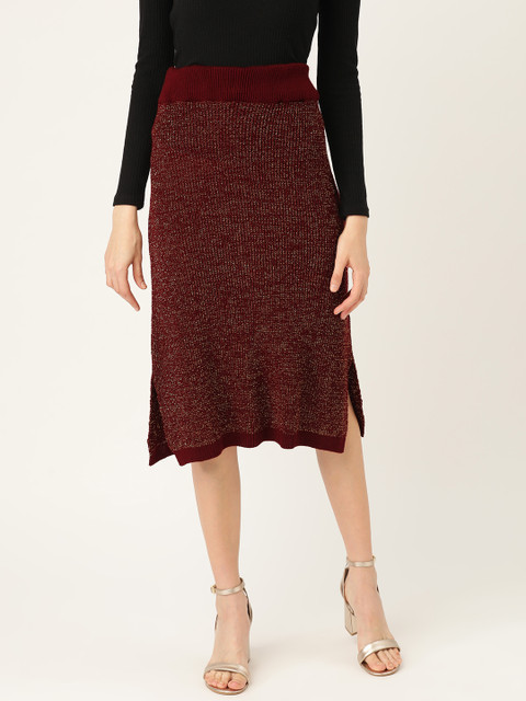 

DressBerry Women Maroon Self Design Winter Straight Skirt