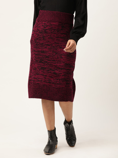 

DressBerry Women Maroon & Black Self Design Straight Skirt