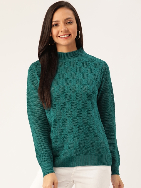 Women Teal Green Open Knit Pullover