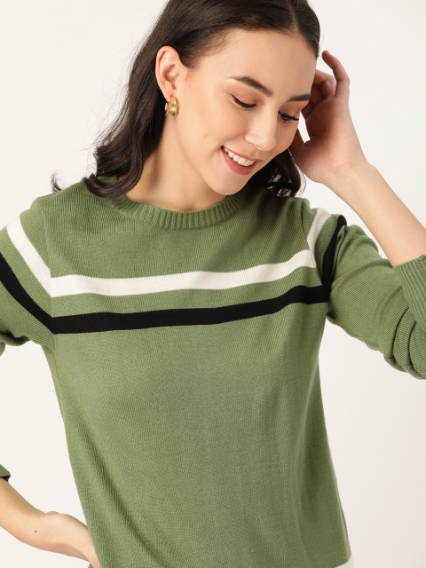 Women Olive Green Striped Pullover