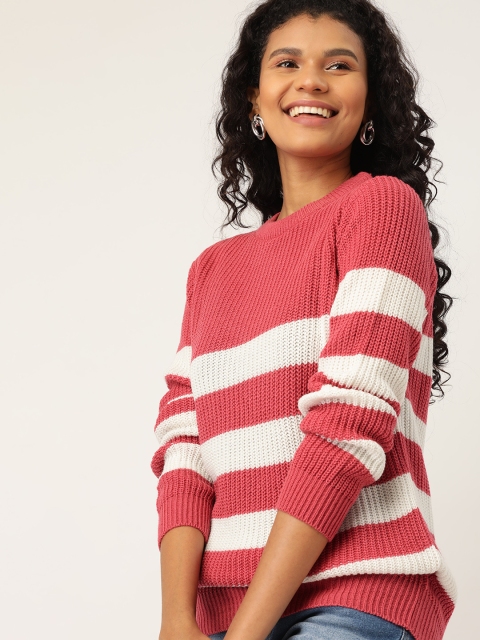 

DressBerry Women Pink & White Striped Pullover Sweater