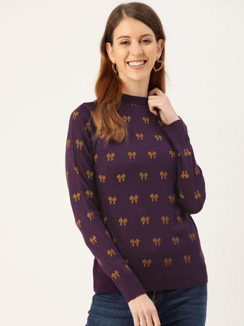 

DressBerry Women Aubergine & Mustard Brown Styled Back Bow Print Pullover, Purple