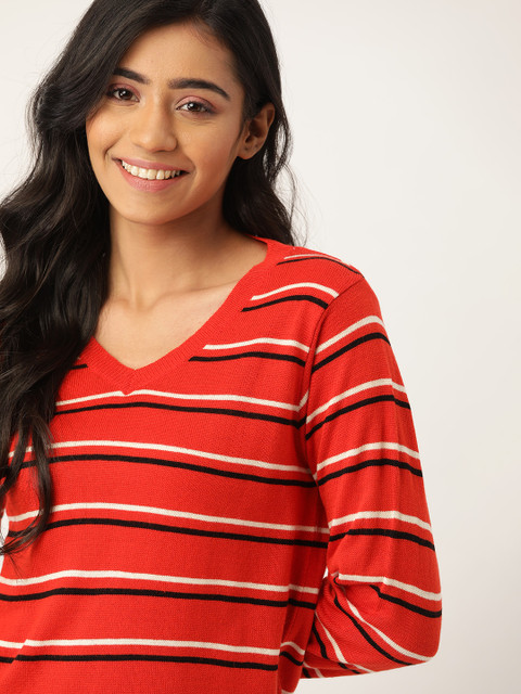 

DressBerry Women Orange Striped Pullover Sweater