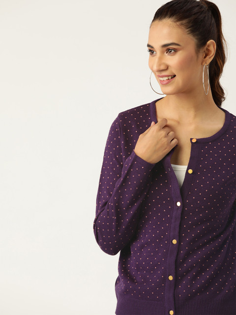 

DressBerry Women Purple & Pink Dot Self Design Cardigan