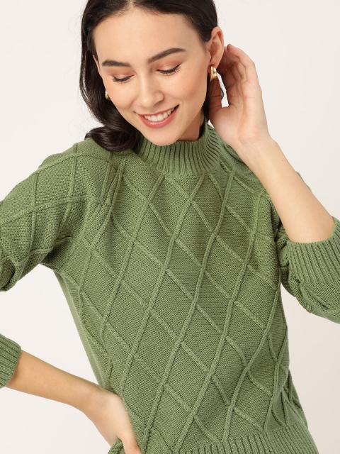Women Olive Green Self Design Pullover