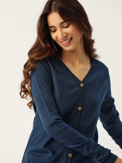 

DressBerry Women Navy Blue Solid Longline Cardigan