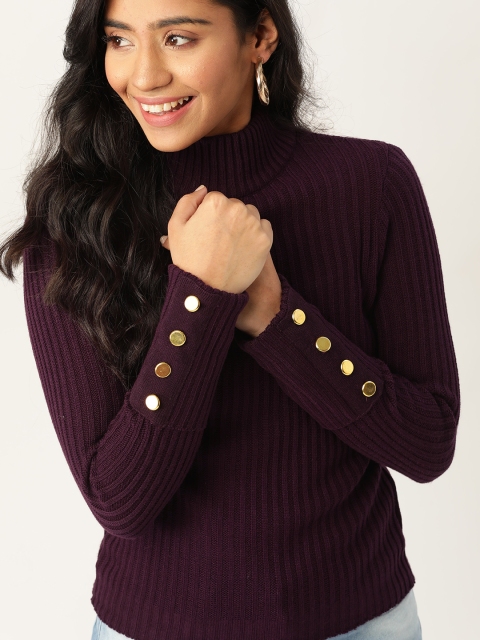

DressBerry Women Aubergine Ribbed Pullover, Purple