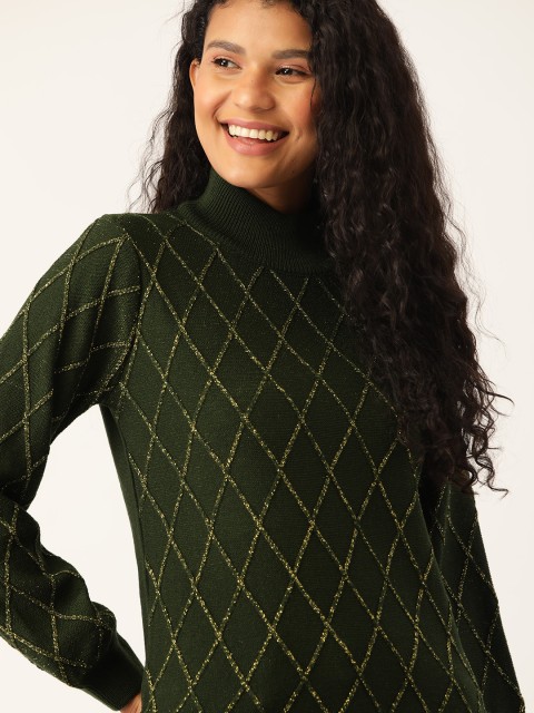 

DressBerry Women Green & Golden Acrylic Shimmer Self Design Sweater