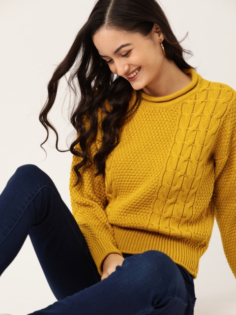 

DressBerry Women Mustard Yellow Self Design Cable Knit Detail Pullover