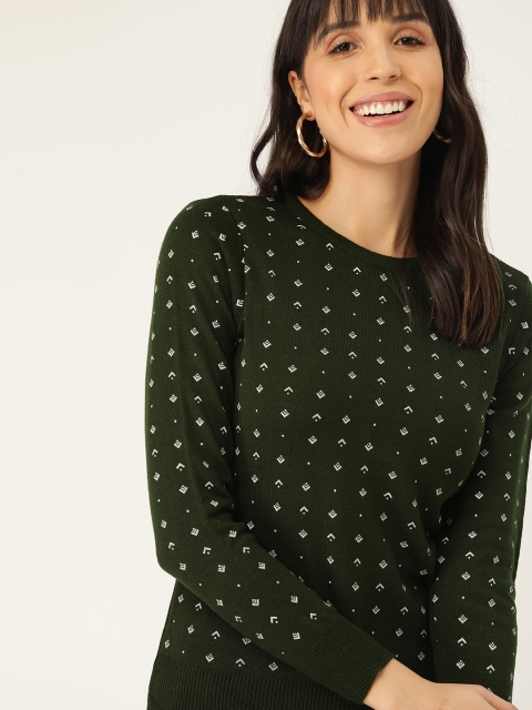 

DressBerry Women Olive Green Geometric Print Pullover Sweater