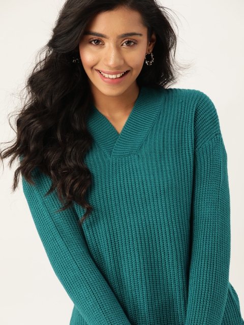 

DressBerry Women Teal Blue Ribbed Pullover
