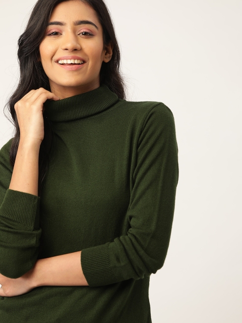 Women Olive Green Solid Pullover Sweater