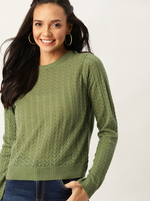 

DressBerry Women Olive green Open Knit Pullover Sweater
