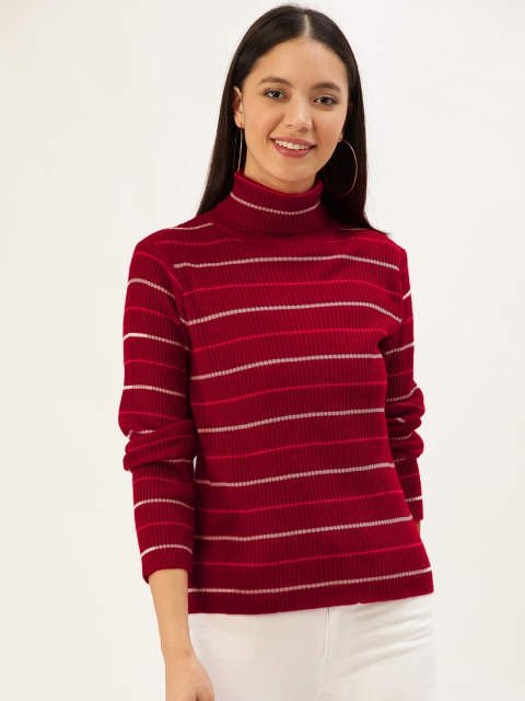 

DressBerry Women Maroon & White Striped Pullover Sweater