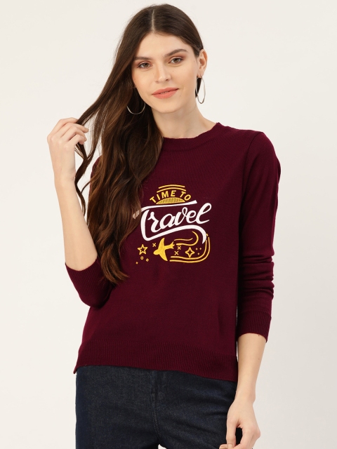 

DressBerry Women Burgundy & White Acrylic Printed High-Low Sweater