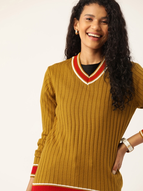 

DressBerry Women Mustard Brown Ribbed Acrylic Pullover