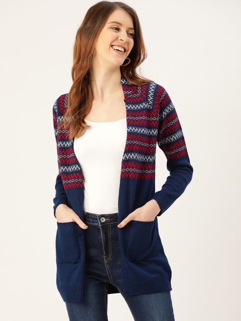 

DressBerry Women Navy Blue & Red Self Design Front-Open Sweater