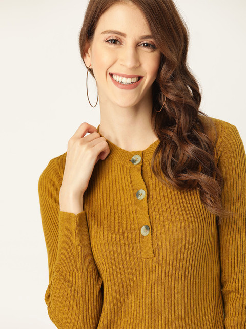 

DressBerry Women Mustard Brown Ribbed Pullover Sweater